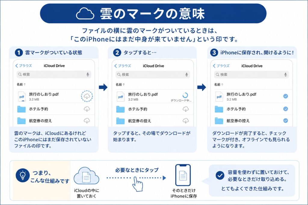 雲のマークをタップしてファイルがiPhoneに保存されるまでの流れの図