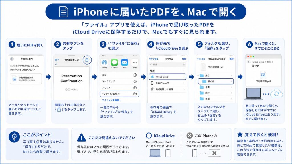 iPhoneに届いたPDFをiCloud Driveに保存してMacで開くまでの6ステップの図