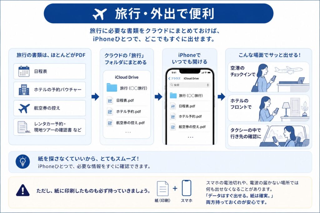 旅行の書類をクラウドにまとめてiPhoneで開く場面を示した図