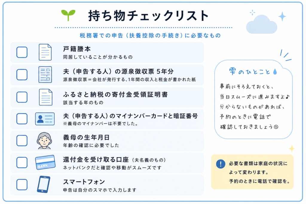 税務署での申告に持っていくものチェックリスト(戸籍謄本・源泉徴収票5年分・ふるさと納税の証明書・マイナンバーカードと暗証番号・義母の生年月日・還付金の口座・スマートフォン)