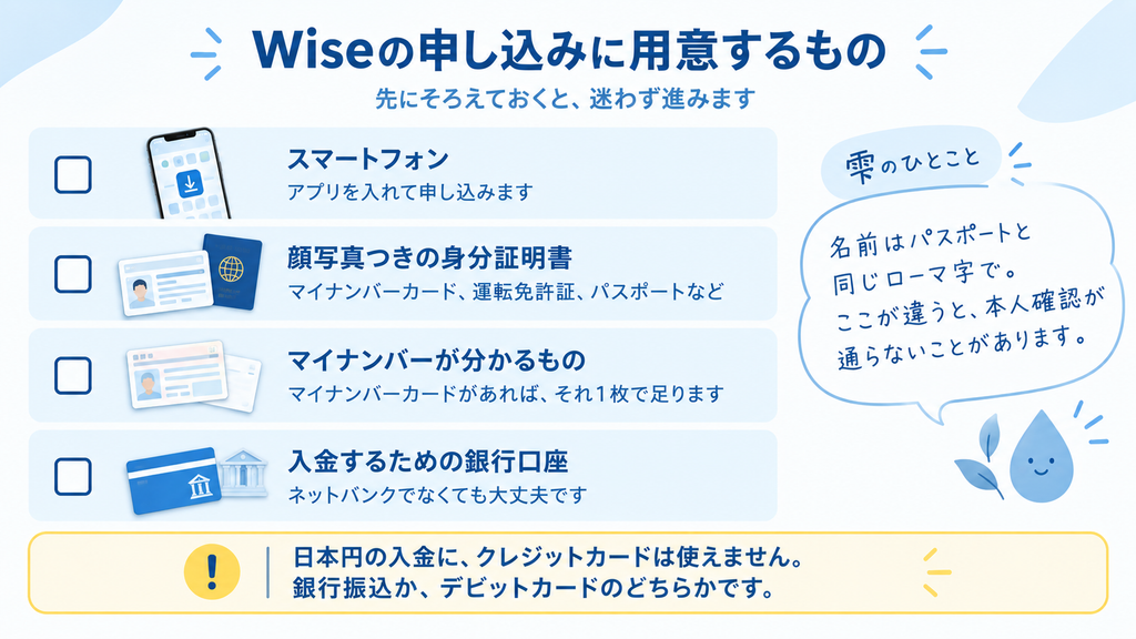 Wiseの申し込みに用意するもののチェックリスト（スマートフォン・顔写真つきの身分証明書・マイナンバーが分かるもの・入金するための銀行口座）