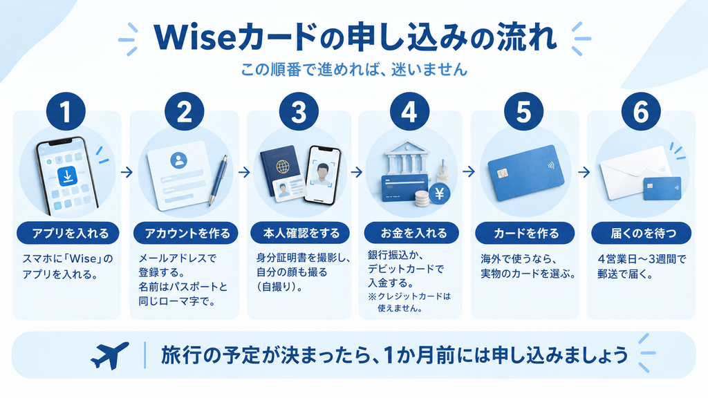 Wiseカードの申し込みの流れを6段階で示した図（アプリを入れる・アカウントを作る・本人確認をする・お金を入れる・カードを作る・届くのを待つ）